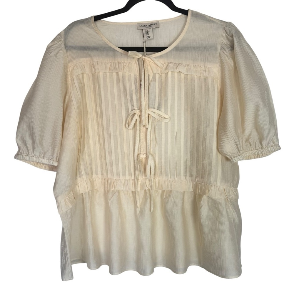 NWT Laura Ashley Cream Bow Tie Front XLarge Blouse with Short Puff Sleeves
